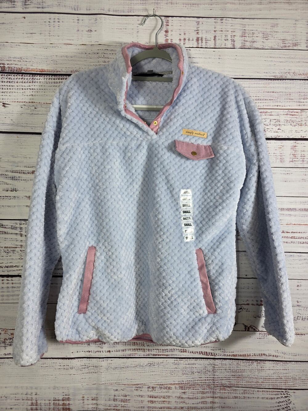Simply Southern Women's Small Sherpa Pullover Quater Snap Fleece Blue Pink